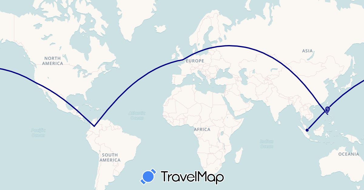 TravelMap itinerary: driving in China, Colombia, United Kingdom, Philippines, Singapore, United States (Asia, Europe, North America, South America)
